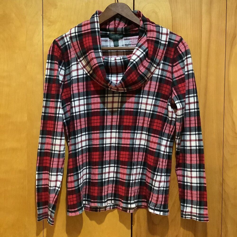 LRL Lauren Jeans Co Red Plaid Cowl Neck Long Sleeve Top-Sz‎ L-Preppy-Country